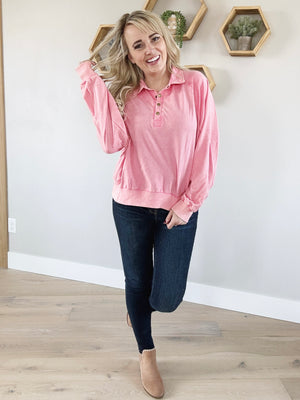 Hummingbird Long Sleeve Quarter Snap Top in Ice Pink