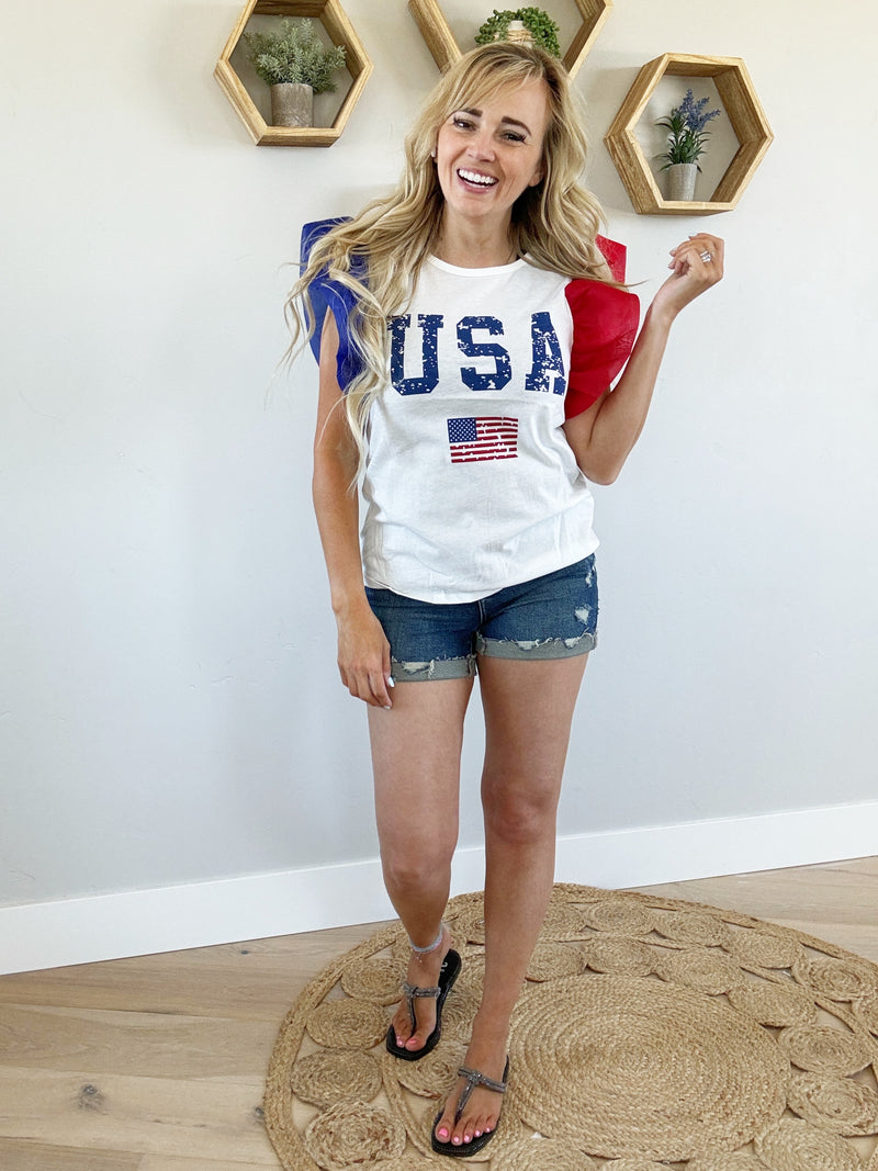 USA Theme Color Block Organza Ruffle Sleeve Top