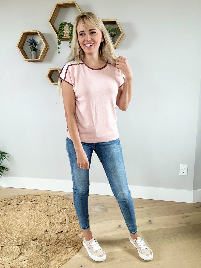 Can't Wait Color Block Crew Neck Short Sleeve Sweater in Blush