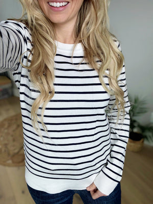 Meet Me There Crew Neck Striped Sweater in Navy and Ivory