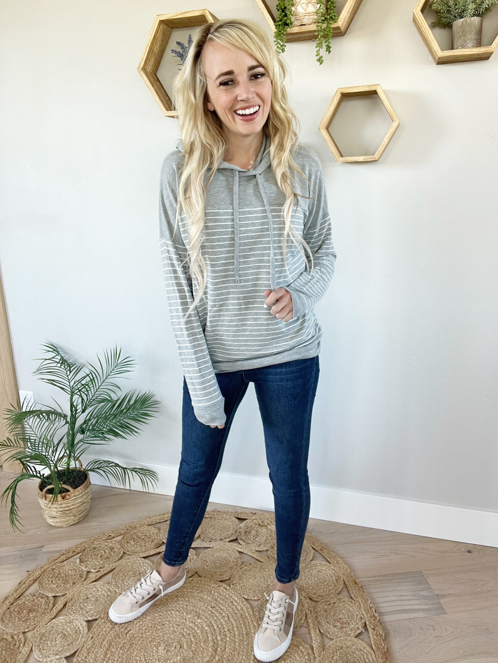Get Together Hooded Striped Color-Block Top in Heather Gray