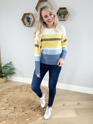 Working Girl Striped Color Block Sweater in Blue and Yellow