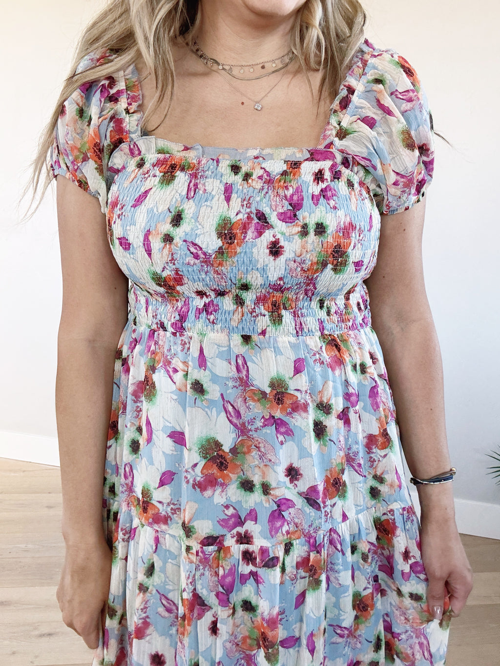 Sunny Floral Puffed Sleeve Midi Dress in Light Blue