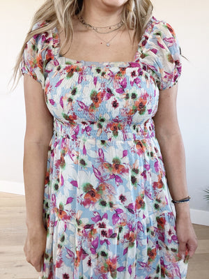 Sunny Floral Puffed Sleeve Midi Dress in Light Blue