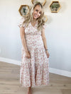 Floral Tulip Sleeve Midi Dress in Cream & Poppy