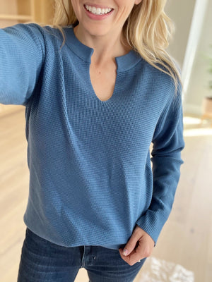 Let's Get Together V-Split Neck Pullover Sweater in Denim