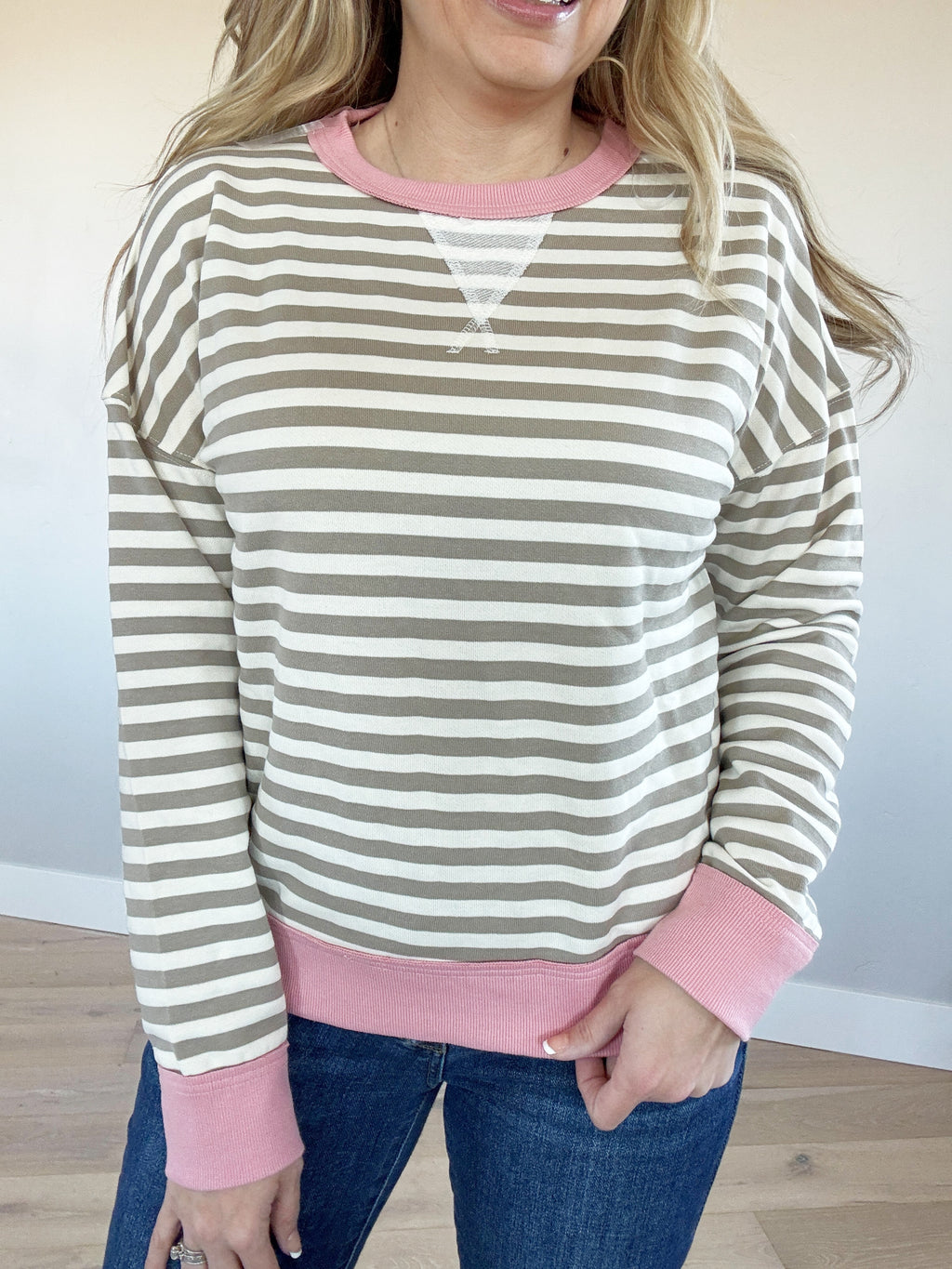 More Than Okay Striped French Terry Top in Gray and Pink