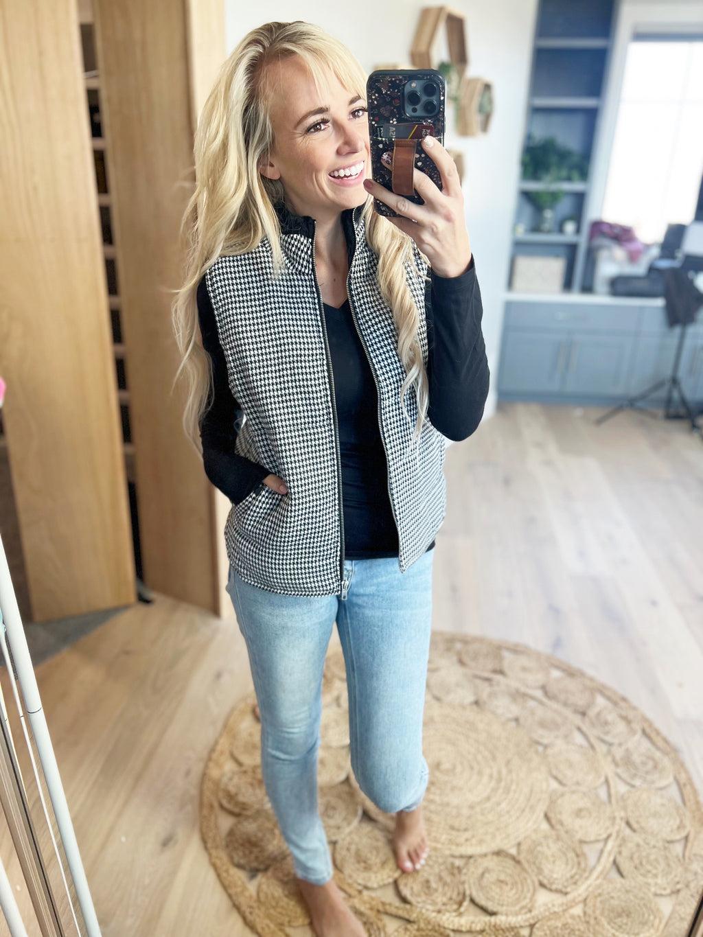 Breakfast Club Herringbone Padded Vest in Black and White