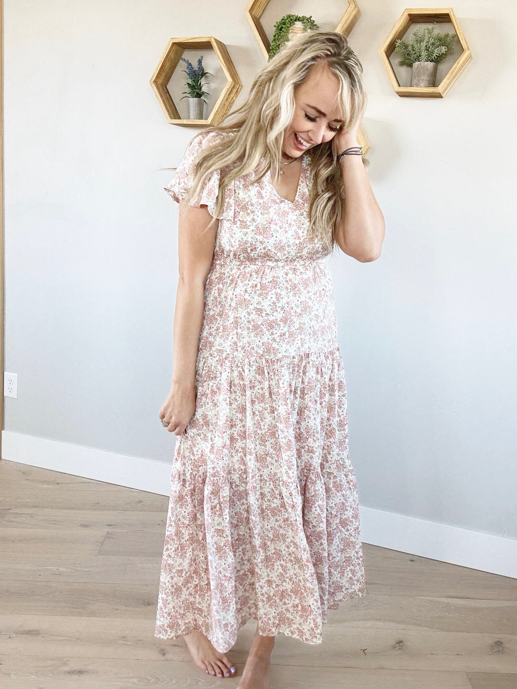 Floral Tulip Sleeve Midi Dress in Cream & Poppy