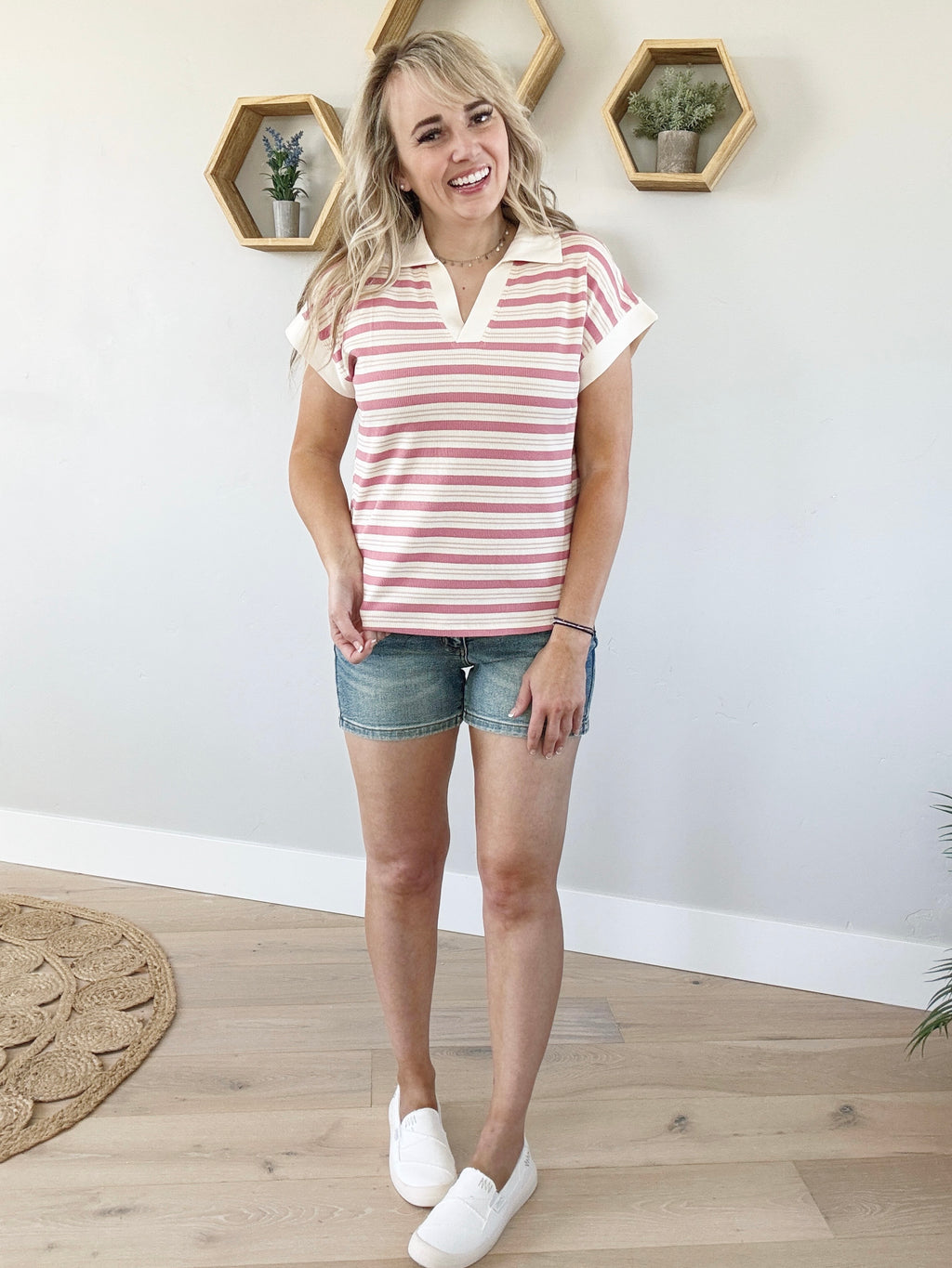 My Girl Striped Ribbed Dolman Sleeve Top in Ivory and Pink