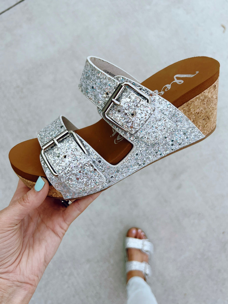 Very G Sparkle Wedge Sandals in Silver