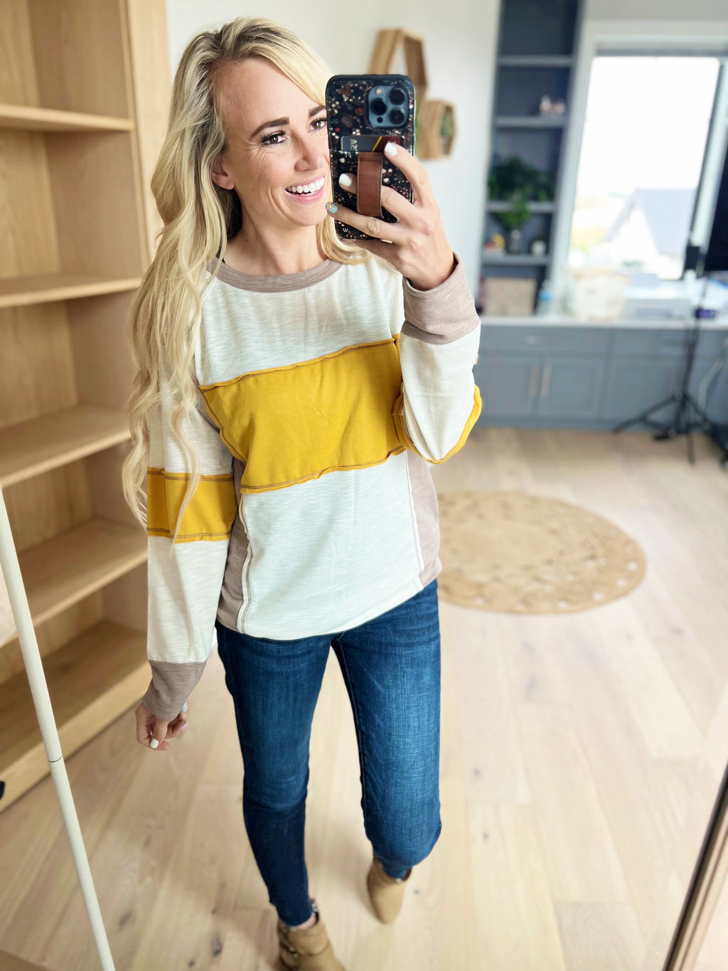 Dinner Date French Terry Color Block Top in Mocha & Mustard