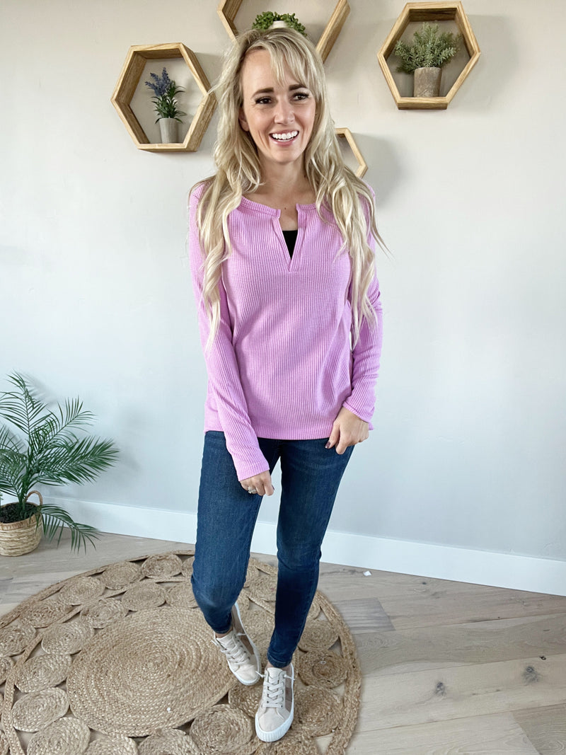 Temptations Melange Baby Waffle V-Neck Long Sleeve in Lilac