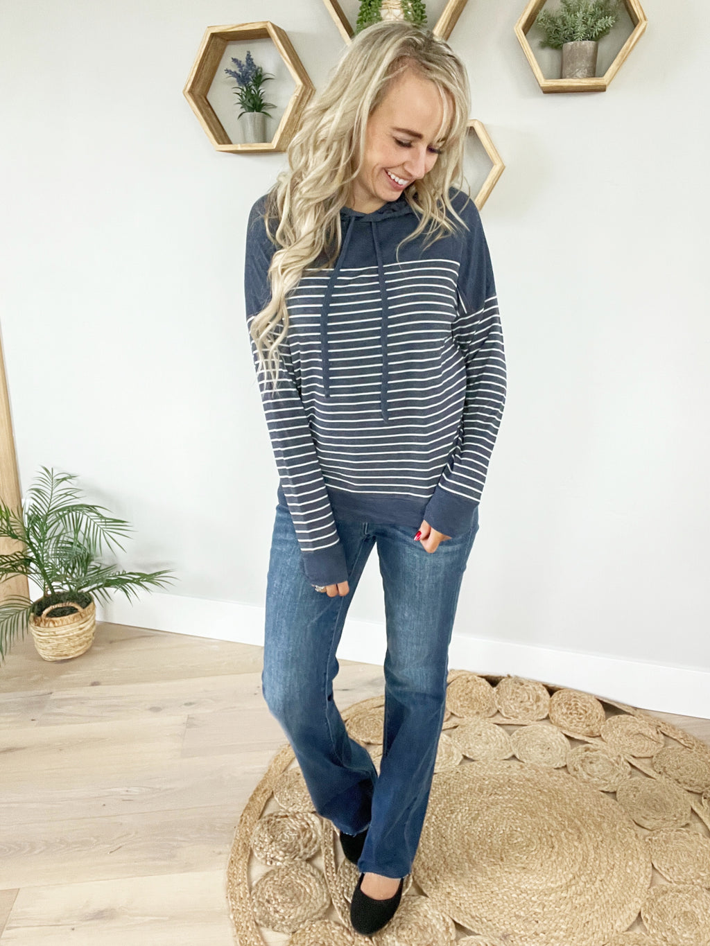 Get Together Hooded Striped Color-Block Top in Navy