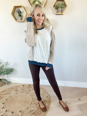 Harmony Blanket Stitched Color Block Pullover in Taupe & Teal