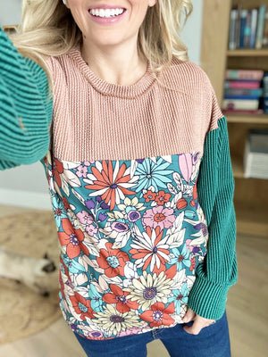 Retro and Ribbed Floral Color Block Top