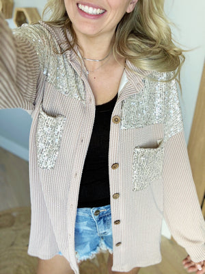 On The Town Sparkle Button Down Long Sleeve in Oatmeal