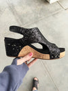 Corky's Black Glitter Wedge Sandal