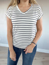 Put a Ring on It V-Neck Striped Top in Ivory & Navy