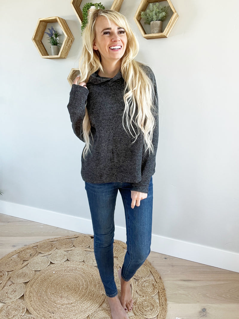 This Much Is True Hooded Brushed Melange Hacci Sweater in Black