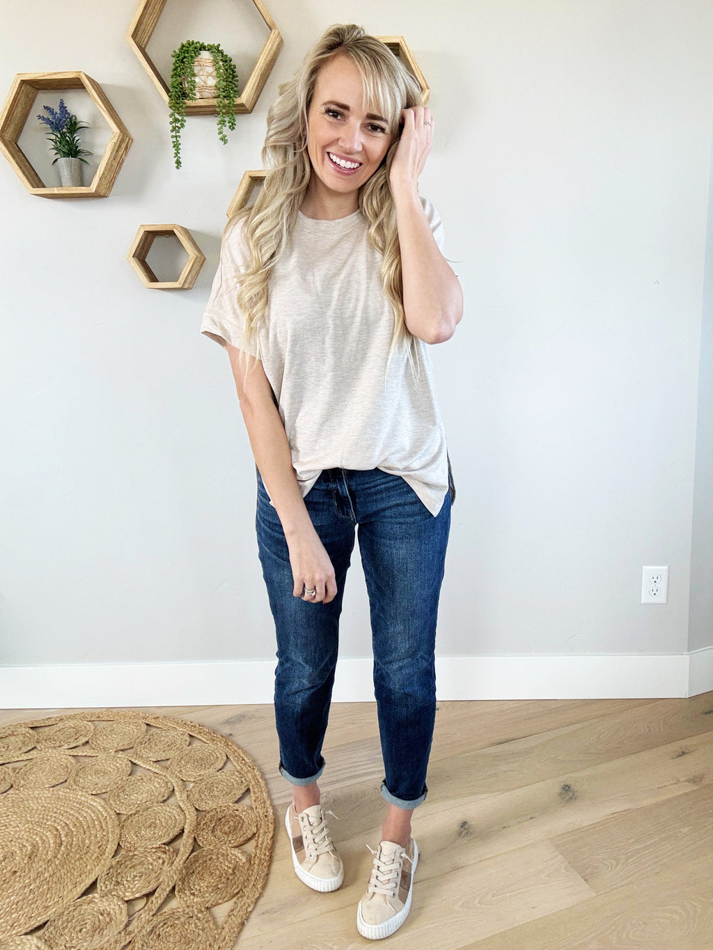 Mono B Only A Dream Short Sleeve Top with Side Slits in Natural