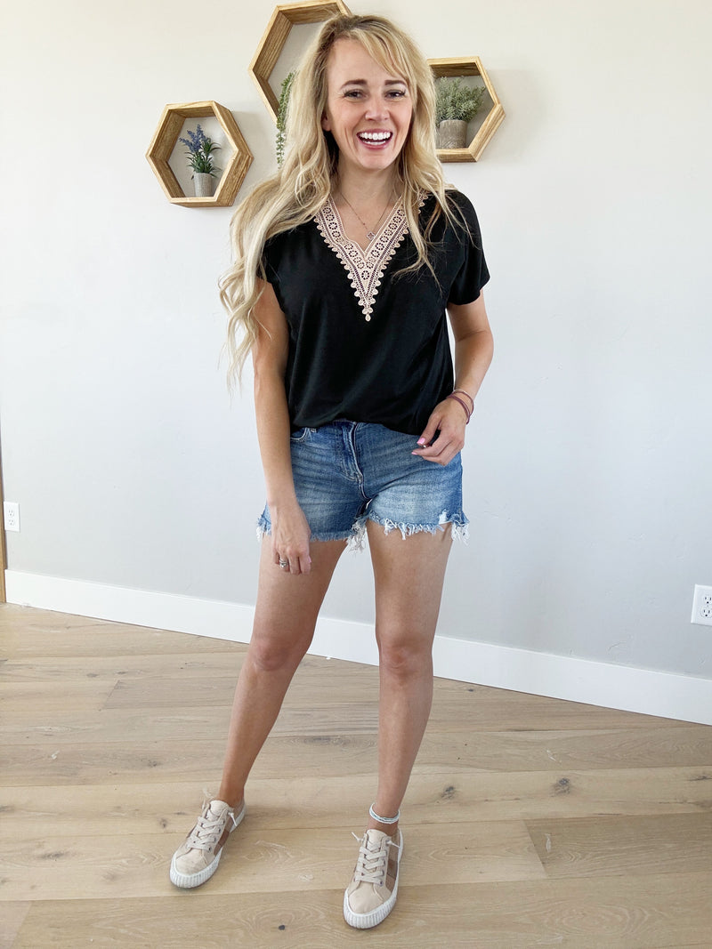 Today's The Day Lace Detail V-Neck Short Sleeve Top (Pink Label)