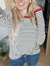 Catch Me Dancing Striped Ribbed Pullover in Black, White, and Rust