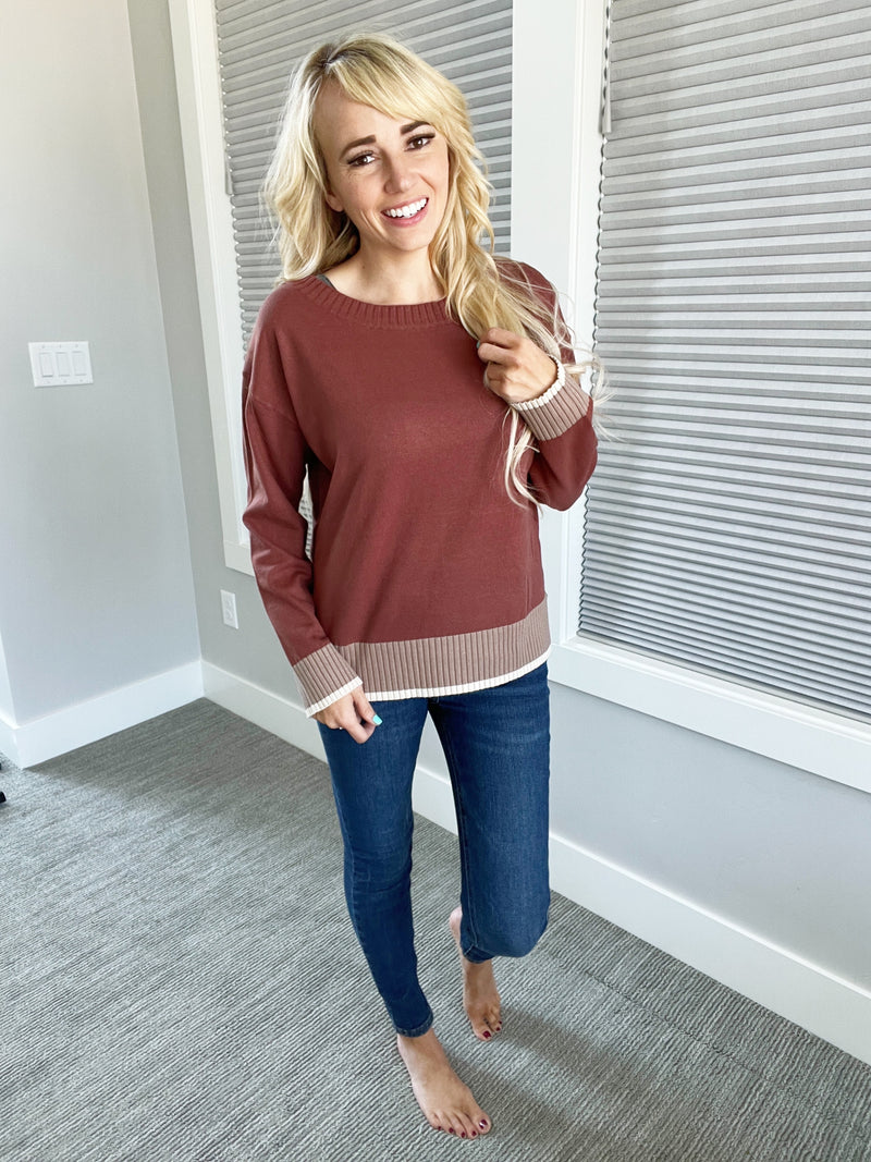 This and That Striped Boatneck Sweater in Merlot