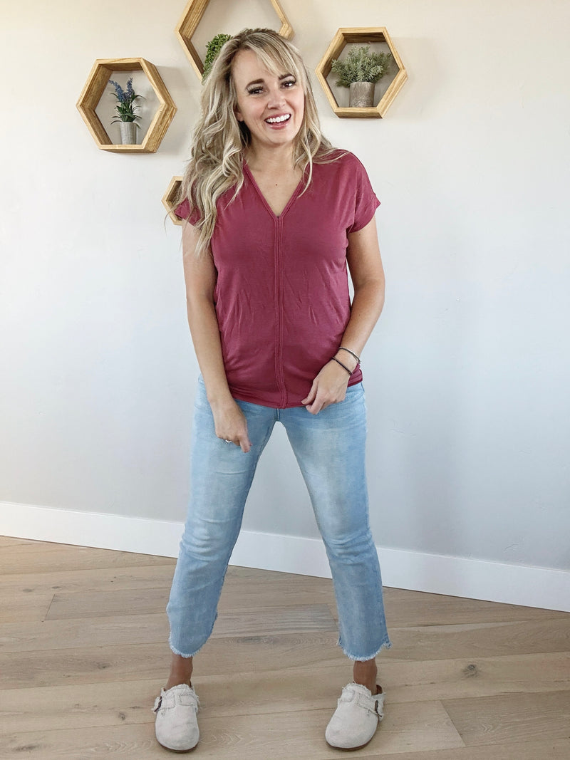 Coming Up V-Neck Jersey Top in Marsala