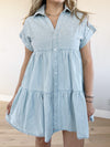 Runway Short Sleeve Dress with Pearl Detail in Light Denim
