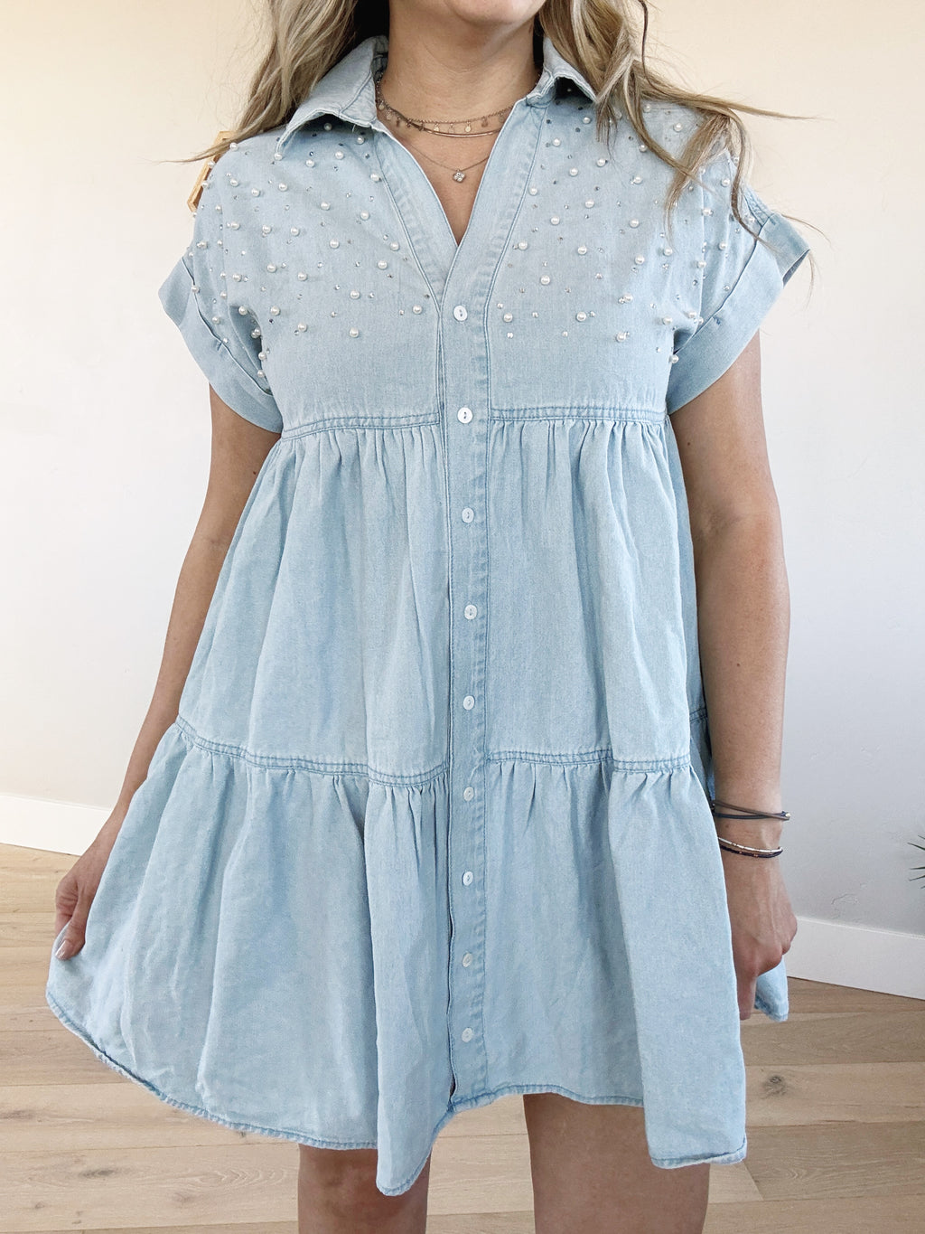 Runway Short Sleeve Dress with Pearl Detail in Light Denim