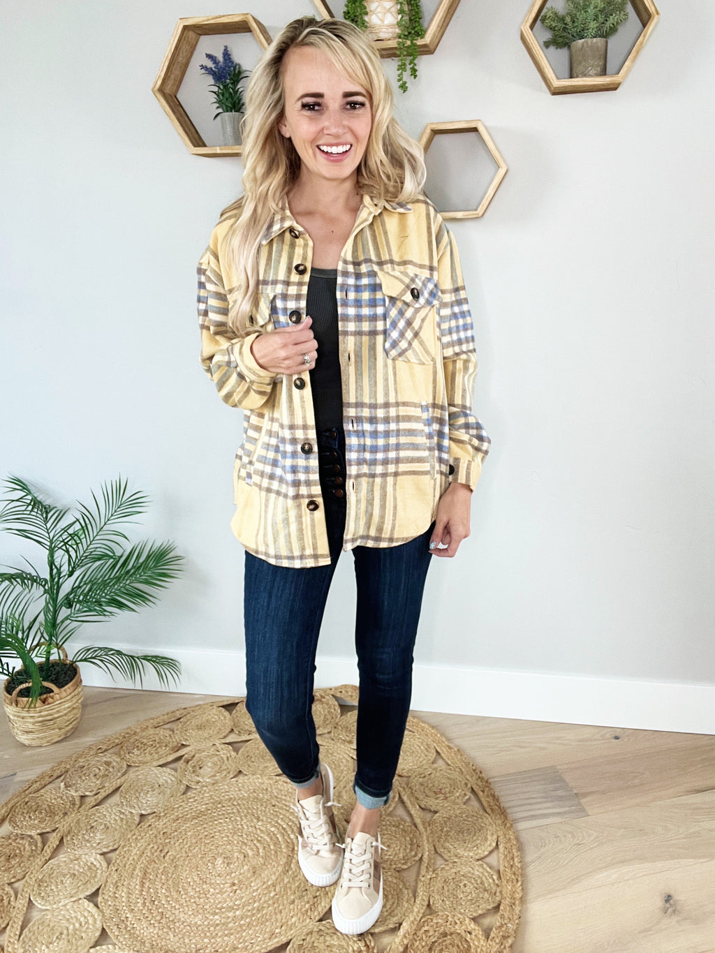 Whisper Plaid Shacket in Mustard and Blue