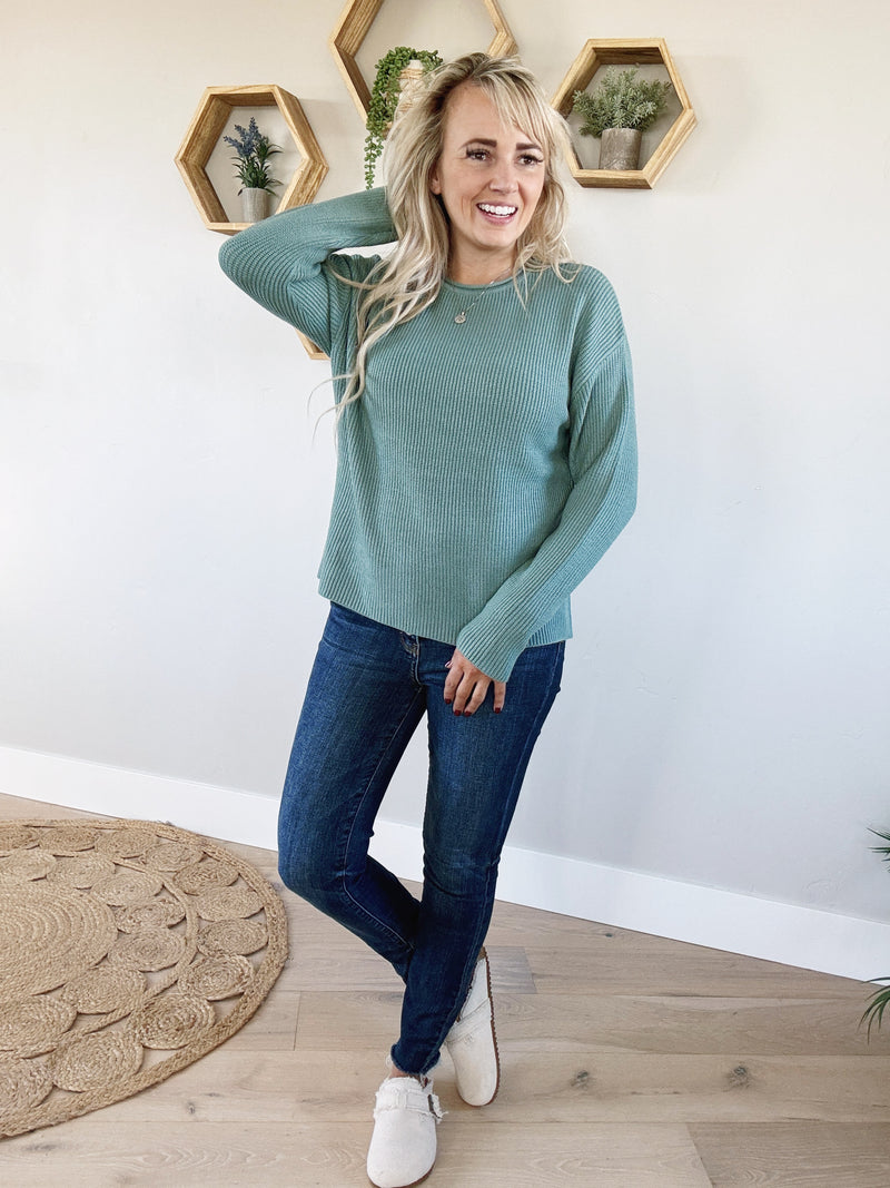 The Sutton Soft Waffle Knit Raw Hem Sweater in Teal Green (SALE)