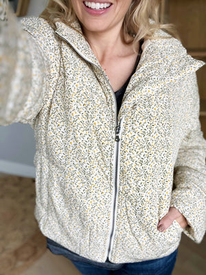 A Night Out Floral Puffer Jacket in Sand