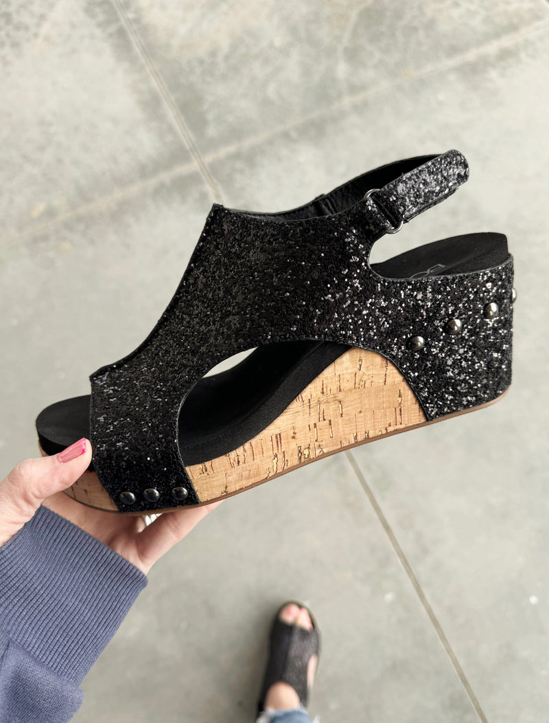 Corky's Black Glitter Wedge Sandal