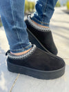 Never Know Platform Embroidered Slip-On Boots in Black