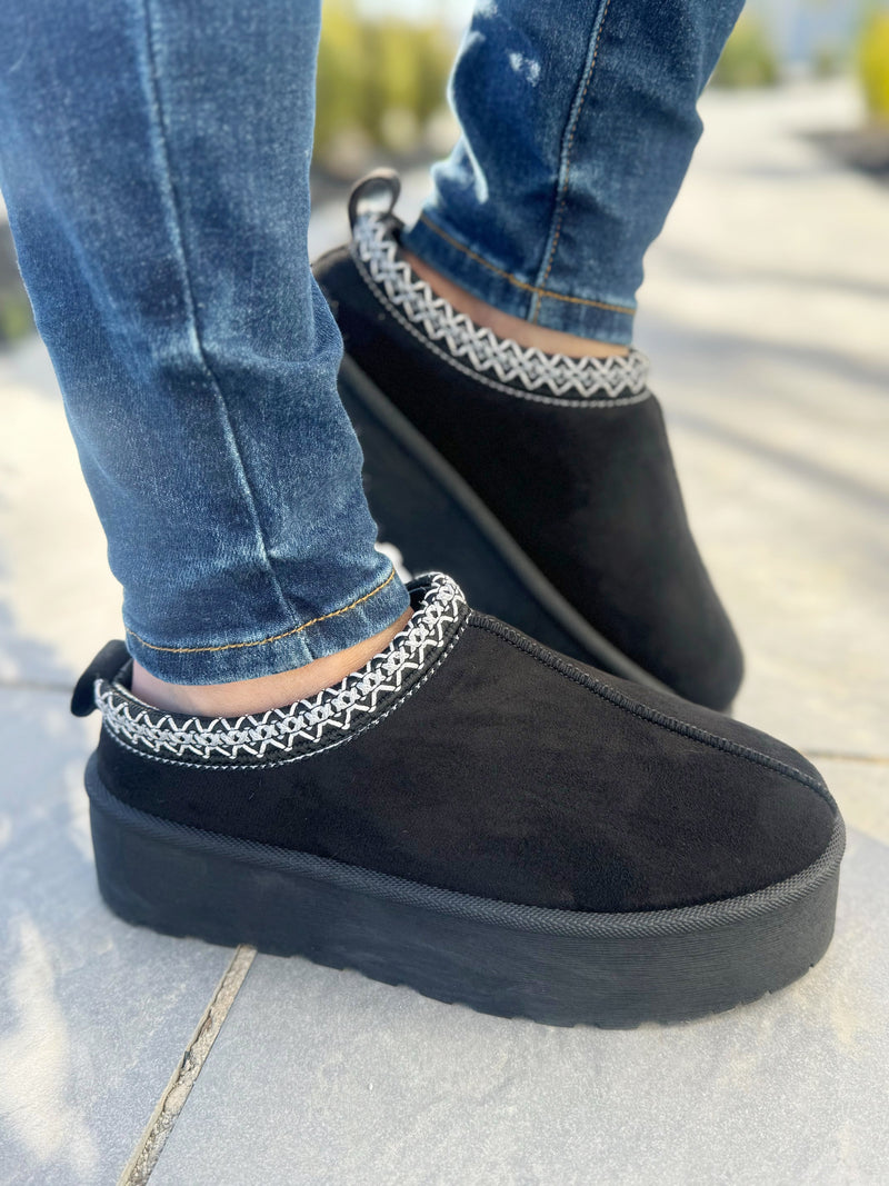 Never Know Platform Embroidered Slip-On Boots in Black