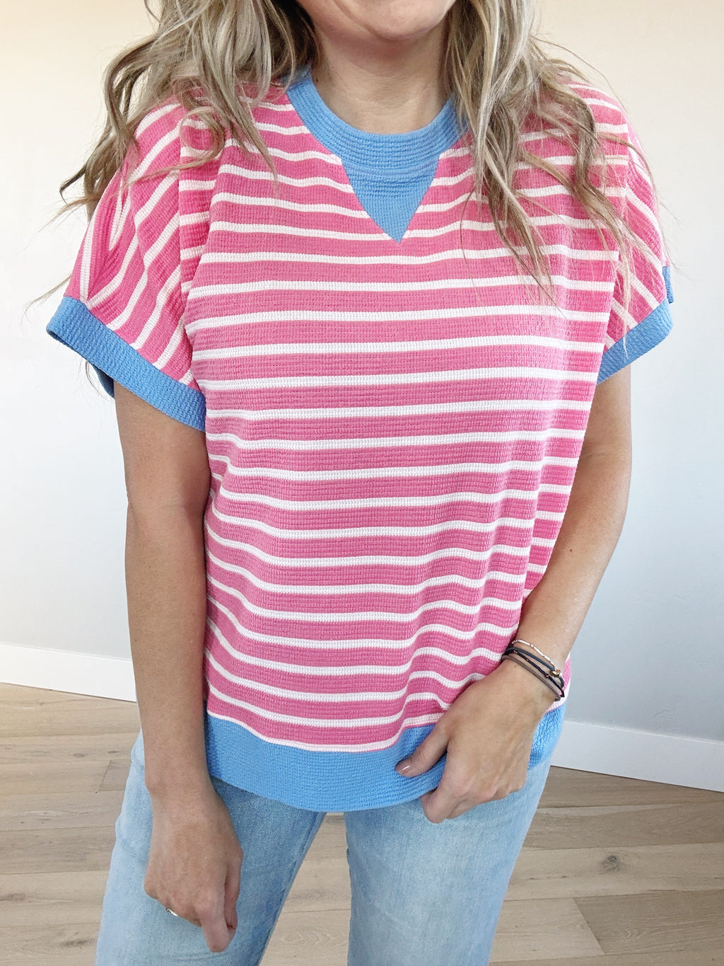 Suburban Chic Striped Short Sleeve in Pinkberry and Blue