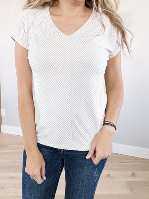Win Him Over Pinstriped Jersey Top in Ivory & Heather Gray
