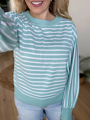 Sensational Striped Drop Shoulder Sweater in Mint