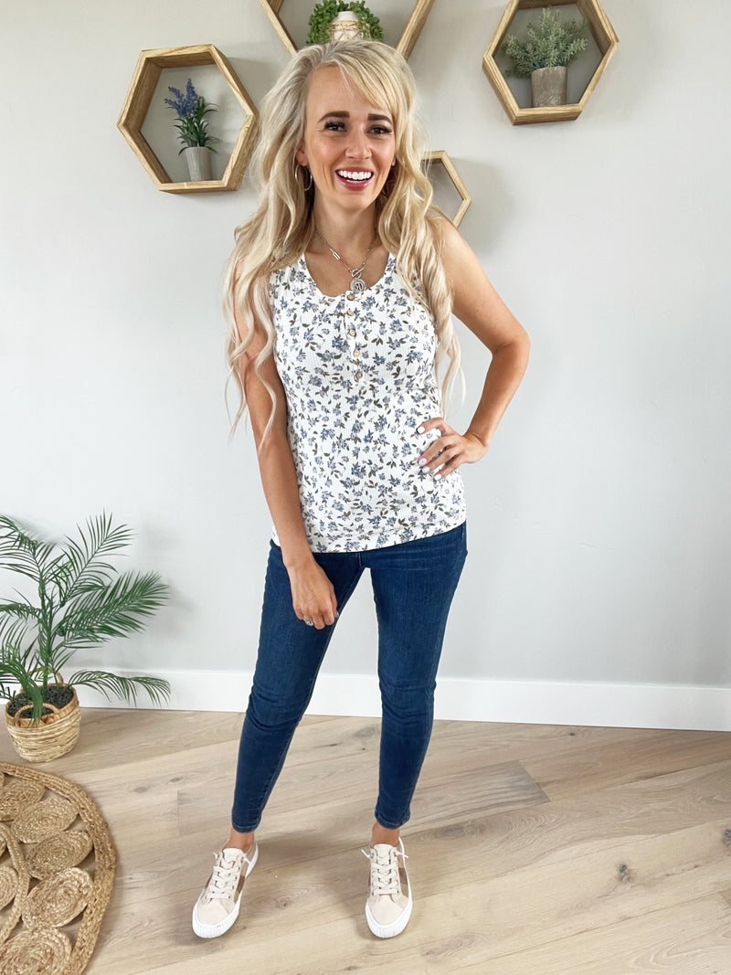 Just Me Floral Ribbed Henley Tank in Ivory