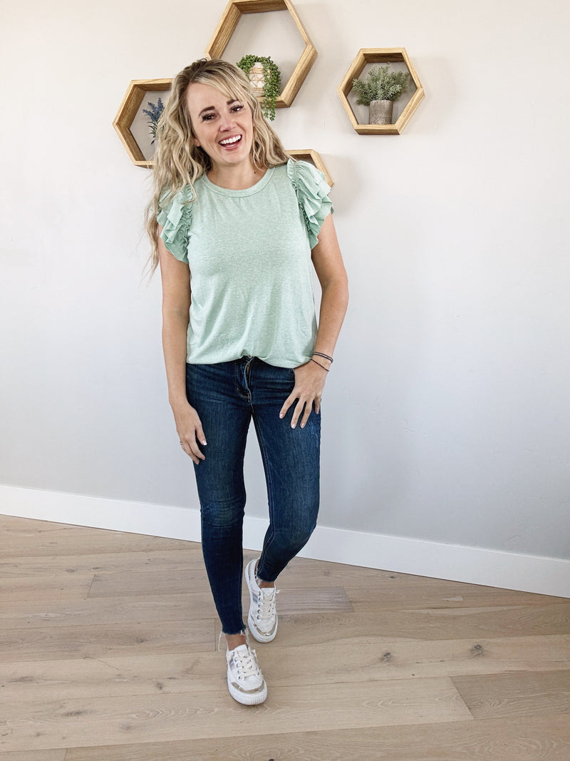 You're Invited Ruffle Sleeve Top in Mint