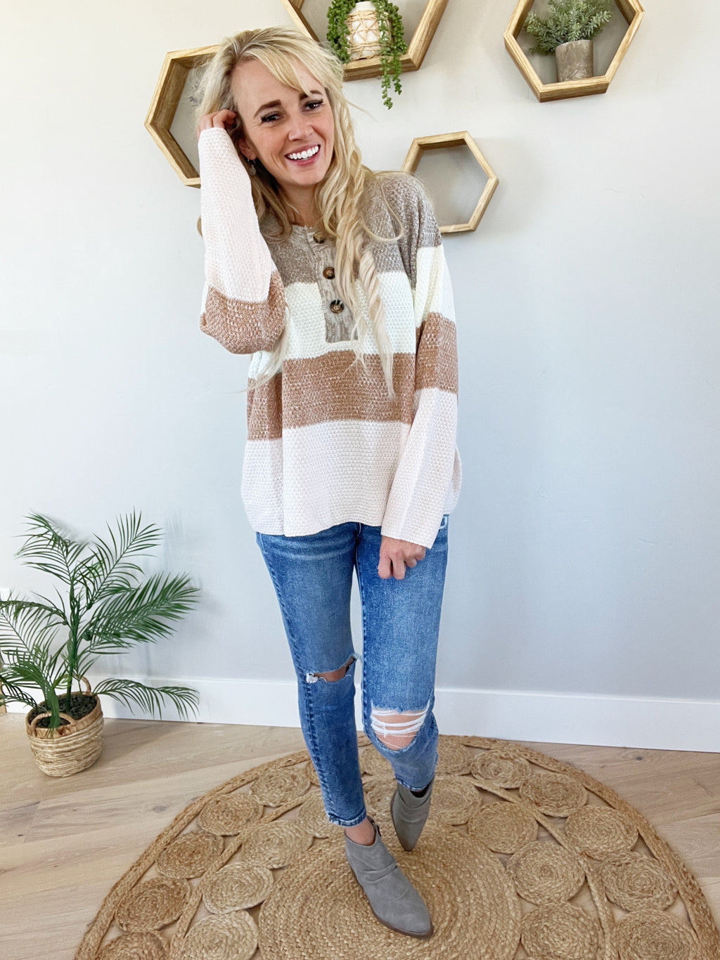 Jealousy Color-Block Buttoned Top in Taupe, Camel, and Blush
