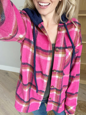 Worth More Plaid Hooded Shacket in Magenta