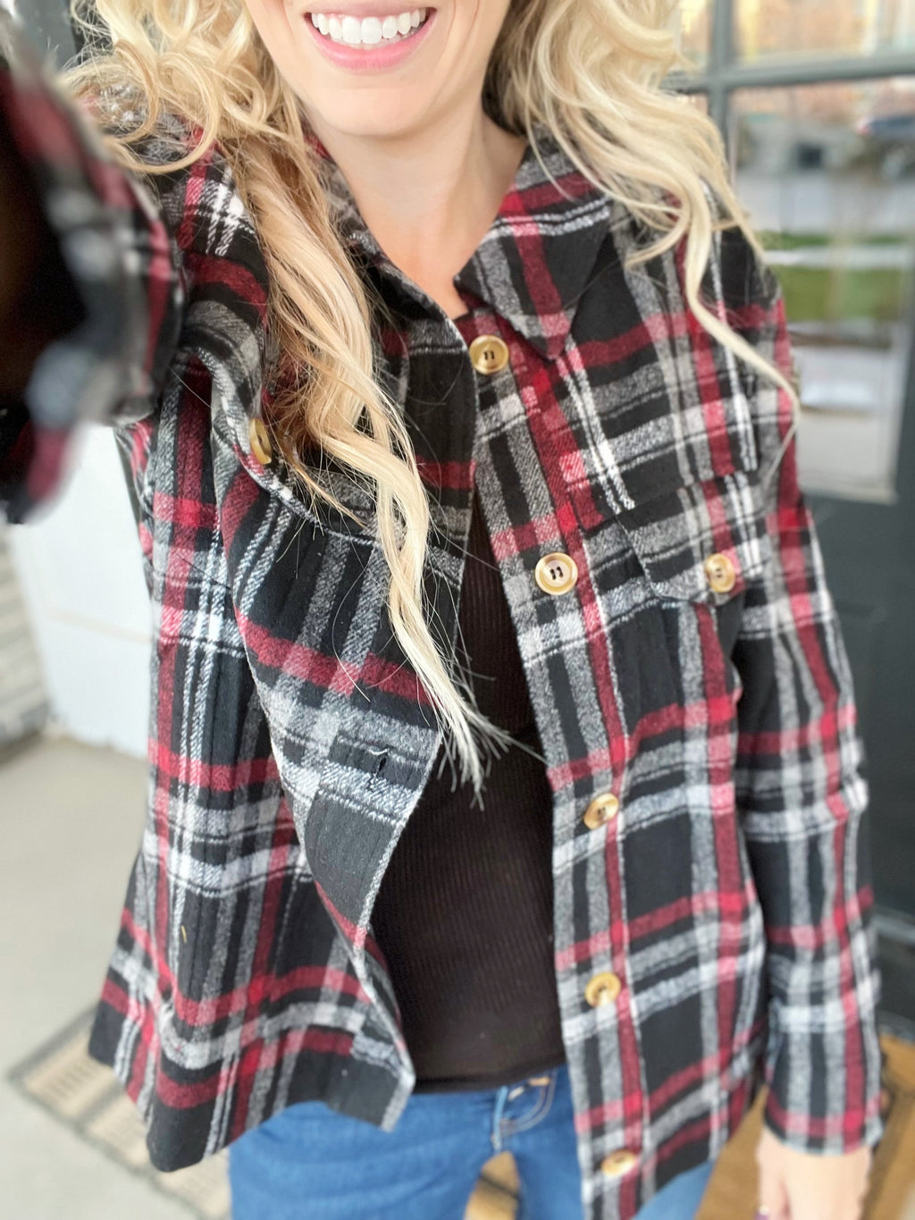 Smart & Sassy Brushed Plaid Shacket in Black and Red