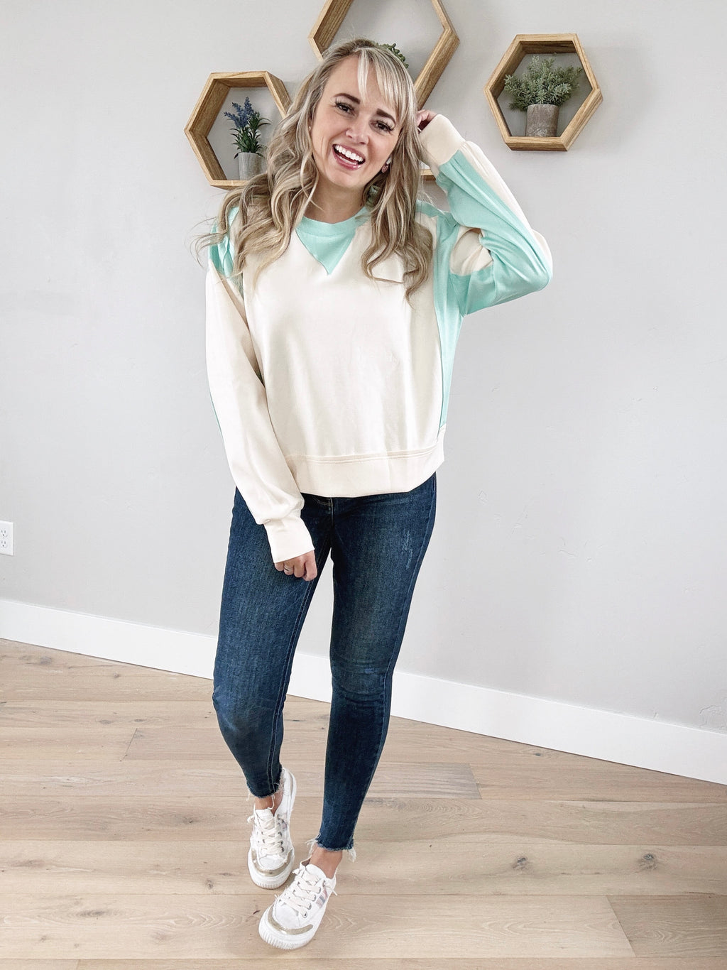 Fast Cars Long Sleeve Color Block Pullover in Ecru