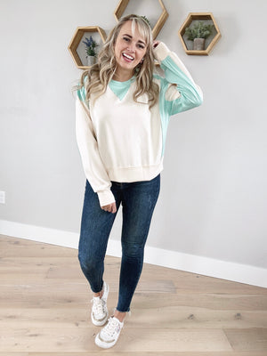Fast Cars Long Sleeve Color Block Pullover in Ecru