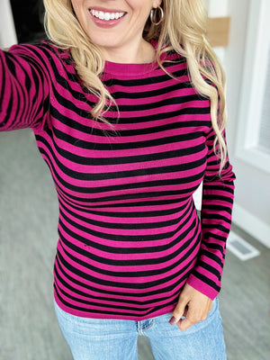 Get Away Striped Long Sleeve in Black and Magenta
