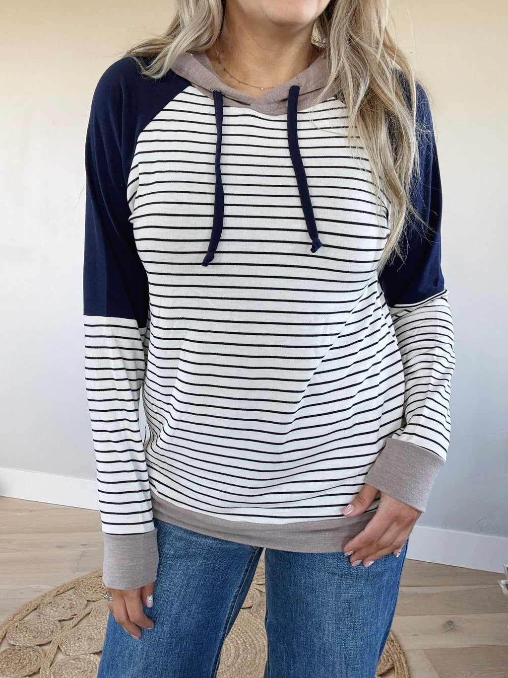 Way To Go Striped Hoodie in Navy and Taupe