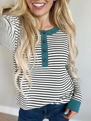 Attitude Henley With Contrast Trim in Black, White, and Teal